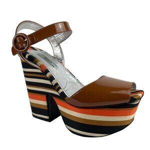 Prada Patent Striped Wedge Sandal, Cognac size 8.5